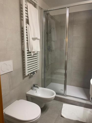 a bathroom with a shower and a toilet and a sink at casa canazei in Alba di Canazei