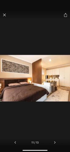 Un dormitorio con una cama grande y un baño. en Little star, en Ulcinj