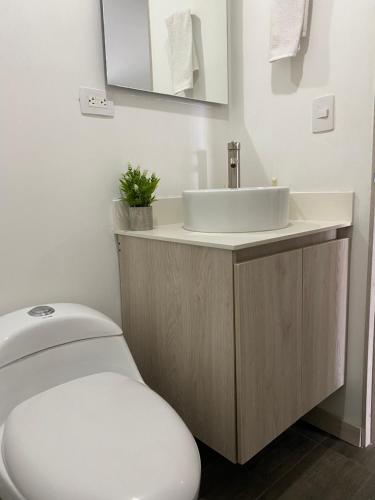 a bathroom with a white sink and a toilet at Class 48 Exclusivo y elegante apartamento in Sabaneta