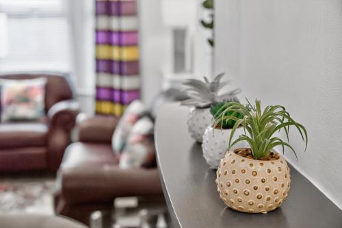 a living room with a table with potted plants on it at 3 Bedroom House, Lisburn, 16 minutes to Belfast, Parking in Lisburn