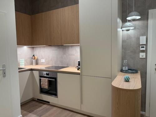 a kitchen with white cabinets and a stove top oven at V&V Sunrise in Neuchâtel