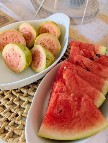 a plate of watermelon and a bowl of apples at Pousada Villa del Lótus in Itarema