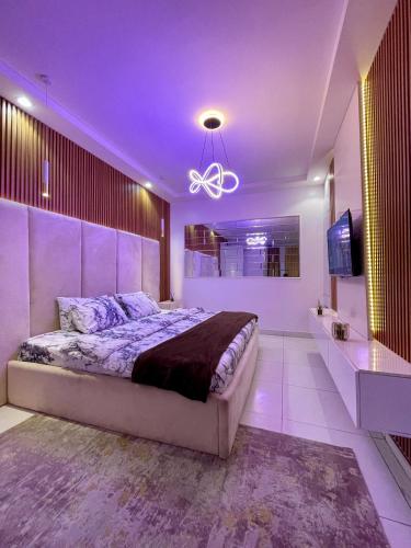 a bedroom with a large bed and a purple ceiling at Emiola mews apartments in Lekki