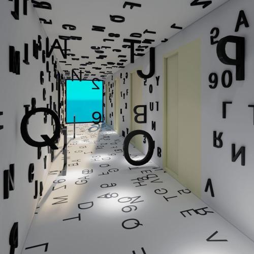 an empty room with letters and numbers on the floor at Studio en piso 29 Secrt Sabana in San José