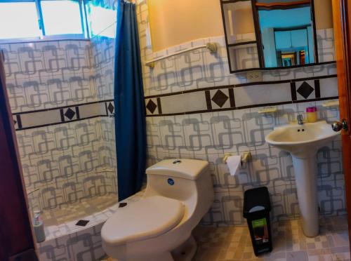 a bathroom with a toilet and a sink at Full apartment, with cinema in Riobamba