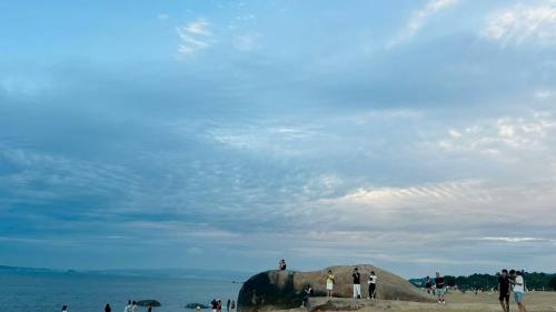 a group of people standing around an elephant statue on a beach at 厦门哈哈虎客栈 in Xiamen