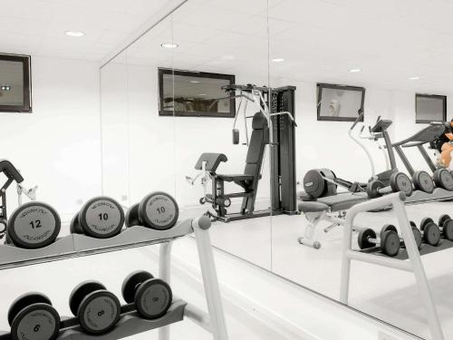 a fitness room with a mirror and some weights at IBIS Port de plaisance in Caen