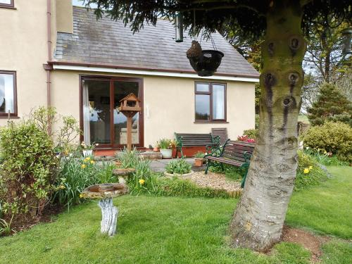 een huis met een boom en een bank in de tuin bij Rose Cottage in Cheriton Bishop