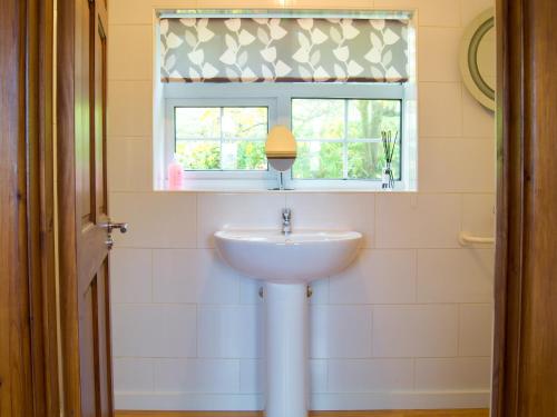 a white sink in a bathroom with a window at Dabinett in Ledbury