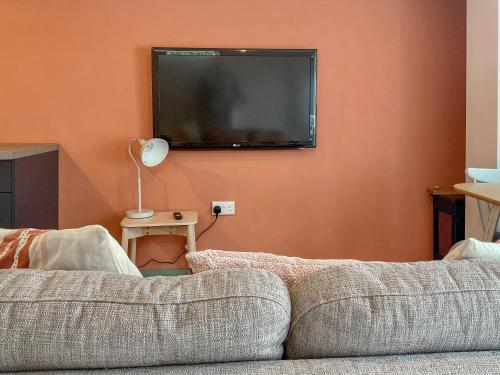 a living room with a couch and a flat screen tv at Bay Tree in Sturminster Newton