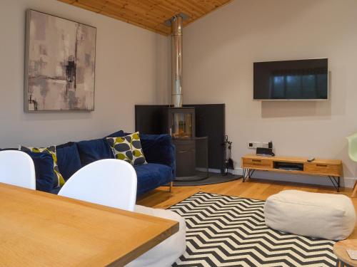a living room with a blue couch and a tv at Hen Harrier Lodge-Uc3979 in Saint Columb Major