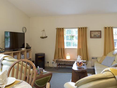 a living room with a couch and a tv at Owls About - Uk6756 in Cenarth