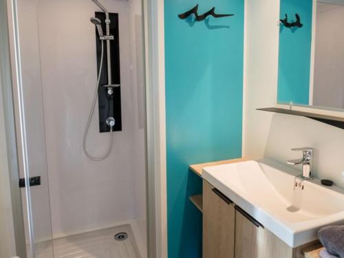 a bathroom with a shower and a sink at Mobil home 32m² avec terrasse, 3 chambres pour 6 personnes - API-1-52-713 in Barbey-Séroux
