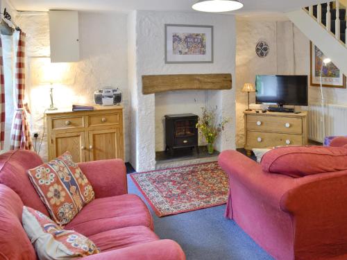 a living room with two pink couches and a fireplace at Riverside Cottage in Betws-y-coed