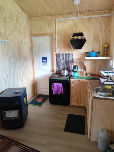a small kitchen with a stove and a sink at Ecohpirén in Hornopiren