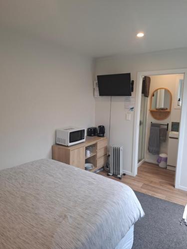 a bedroom with a bed and a tv on a wall at TuiHideaway cozy studio sleepout in Mount Maunganui