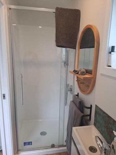 a bathroom with a shower and a sink at TuiHideaway cozy studio sleepout in Mount Maunganui