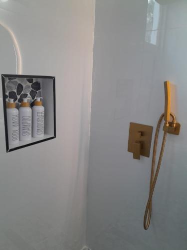 a bathroom with a shelf with five bottles on the wall at Beachview 1 Bedroom 4 at Sandcastles in Ocho Rios