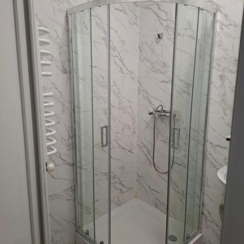 a shower with a glass door in a bathroom at Готель Верховинський in Sushitsya