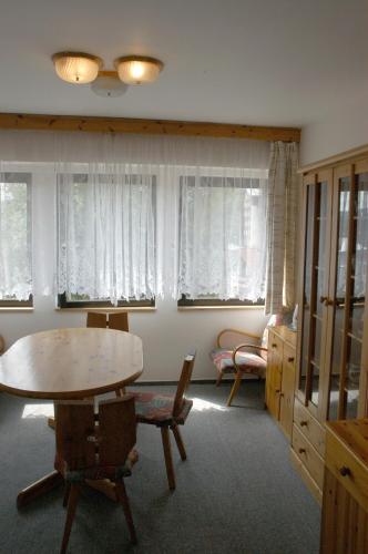 a room with a table and chairs and windows at Penzion Bobešova bouda in Železná Ruda