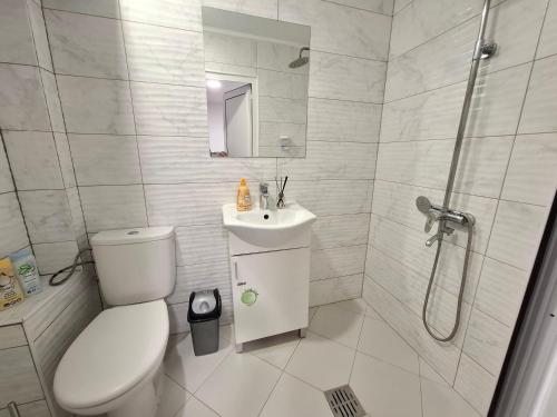 a bathroom with a toilet and a sink and a shower at Ruse Charm Studio 3 in Ruse