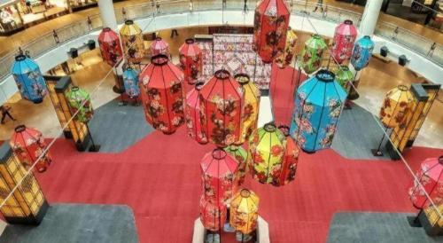 an overhead view of colorful chandeliers in a building at Hotel Zamburger Bangsar (Previously Koptown Hotel Bangsar) in Kuala Lumpur