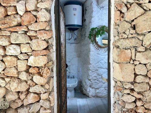 a bathroom with a toilet and a stone wall at Limonaia in Salento in Marittima