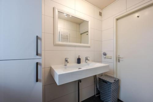Un baño con un lavabo blanco y un espejo. en Vakantiewoning maas en waal 90, en Ewijk