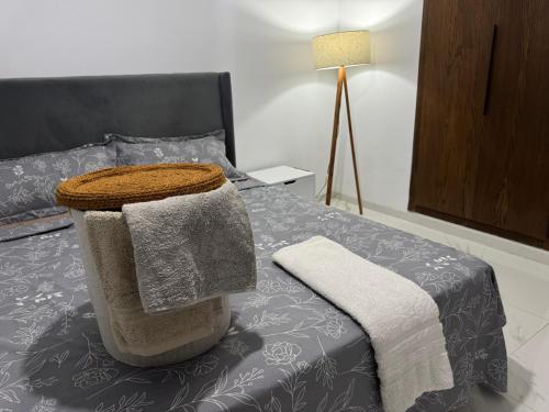 El Aouina StationにあるDiamond apartmentのタオルが敷かれたベッドのある寝室