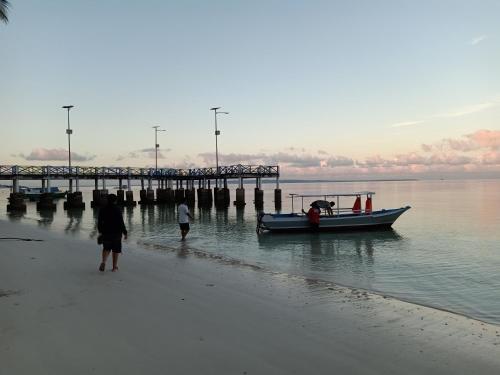 a boat on the beach next to a pier at Wambuliga Homestay in Waha