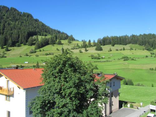 a view of a hill with green fields and trees at Appartements Kroner in Nauders