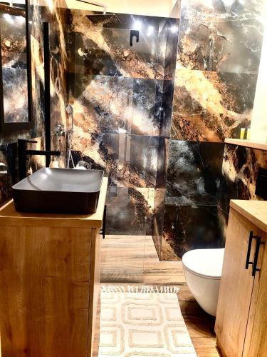 a bathroom with a sink and a toilet at Apartament przy Starówce z tarasem in Elblag