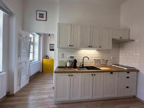 a kitchen with white cabinets and a wooden floor at Apartmán ve dvoře in Žatec