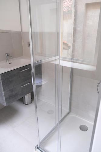 a glass shower in a bathroom with a sink at Appartamenti Borgo Piazza in Cocconato