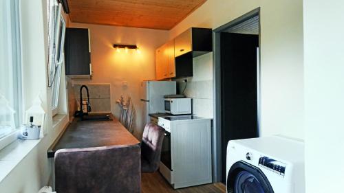 a small kitchen with a counter and a refrigerator at Chata se saunou přímo u lesa, nedaleko Hracholuské přehrady 