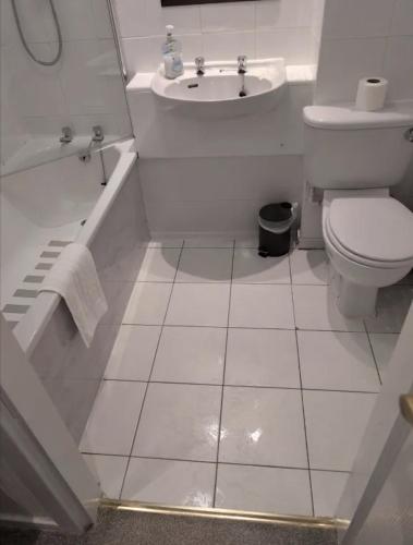 a white bathroom with a toilet and a sink at Northop Hall Country House Hotel in Mold