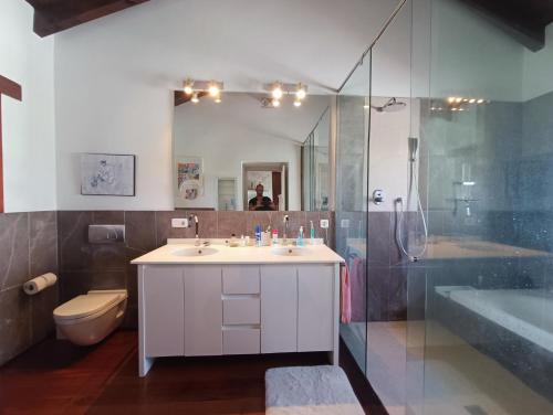 a bathroom with a sink and a shower and a toilet at La Traviesa,Villa de Lujo de 500 m. en el Campo con Piscina in Campo Arcís