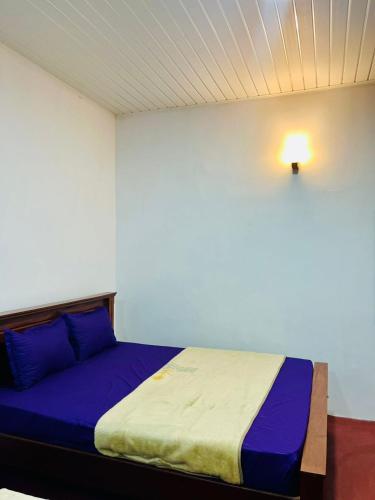 a bedroom with a bed with blue sheets and a light at Rathnayaka Family & Holiday Home in Anuradhapura