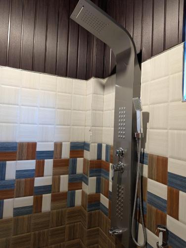 a shower in a bathroom with a shower head at Cloudy Hill Cottage in Ella