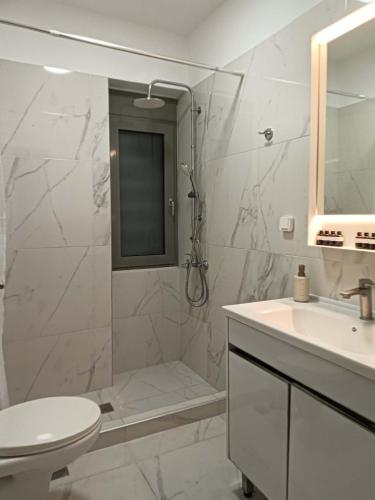 a bathroom with a shower and a sink and a toilet at Voula Pool & Sea View & Beach home B1 in Athens