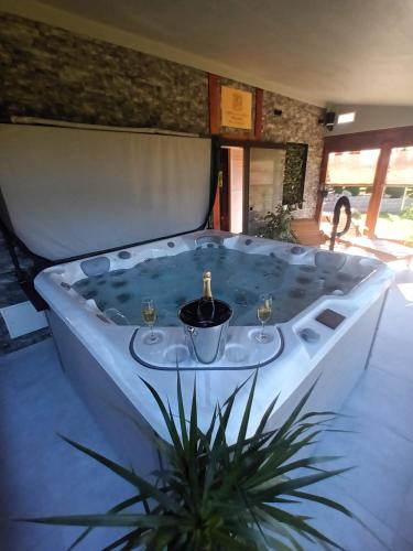 a bath tub with two glasses of wine in it at Apartmány Na Vyhlídce - Wellness in Horní Planá