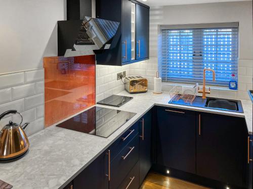 a kitchen with blue cabinets and a sink at Lily Pad - Uk49104 in Helmsley