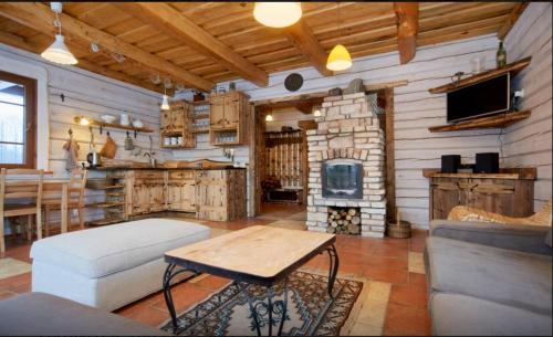 Semeliškės的住宿－Dabintos slėnis，客厅配有桌子和壁炉