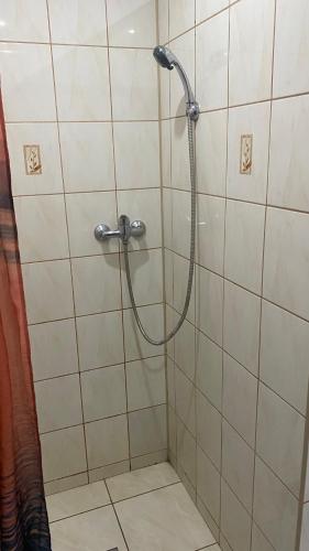 a shower with a hose in a tiled bathroom at Green house in Rožňava