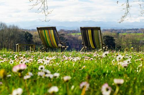 three chairs sitting in a field of flowers at Château d’Orion in Orion