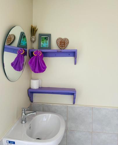 a bathroom with a sink and a mirror at Free Breakfast and coffee for 2 Purple Beach House in Pilar