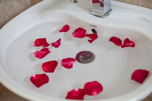 a bunch of red roses sitting in a sink at Luxury Airport Hotel & Travel in Noi Bai