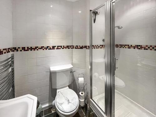 a bathroom with a toilet and a shower at Broadlea in Stokeham