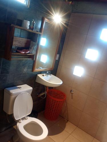 a bathroom with a white toilet and a sink at Cabaña Mitimay in Alta Gracia