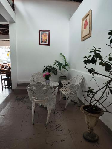 a room with two chairs and a table with plants at Hotel Estação in Diamantina